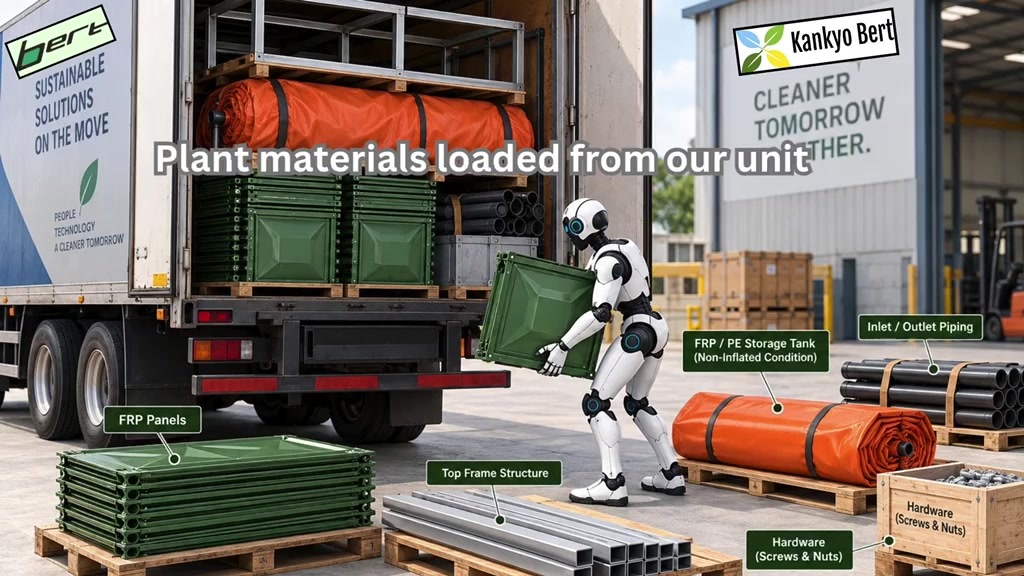 Humanoid robot unloading Bert Panel Fermenter materials from a delivery truck